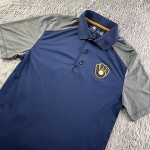 Milwaukee Brewers Polo Shirt Mens Medium Blue Gray Yellow TX3Cool Performance